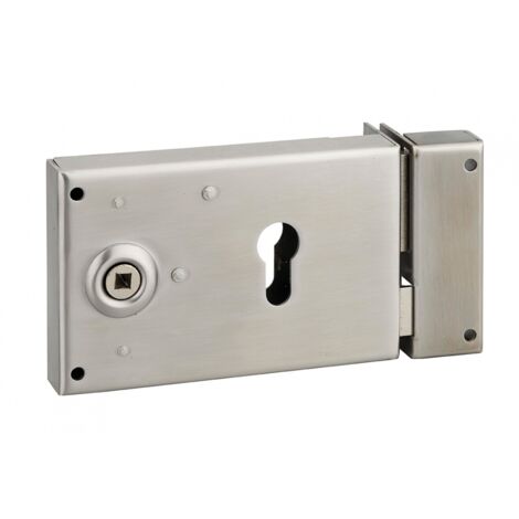 Serratura orizzontale da applicare doppio cilindro con quadro maniglia per cancello, destra, asse 52mm, 140x88mm, inox - THIRARD