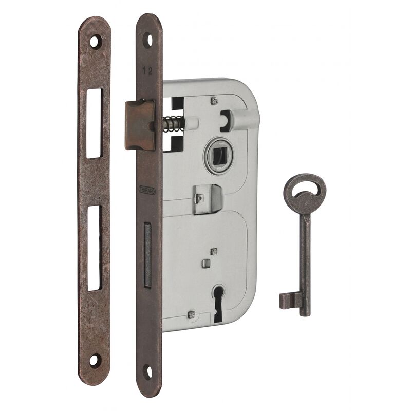 serratura patent da incasso 70mm x 40mm, reversibile, piastra tonda, richiamo 1/2 giro 1 chiave, bronzo thirard