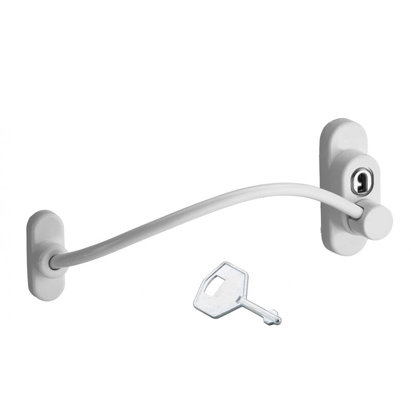 Image of Fermafinestra, serratura per finestre con chiave, limitatore apertura, cavo d'acciaio, 180mm, laccato bianco, 1 chiave Thirard