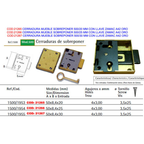 Serratura per Mobili Sporgente 500/25 mm con Chiave in Zamac A42 Oro