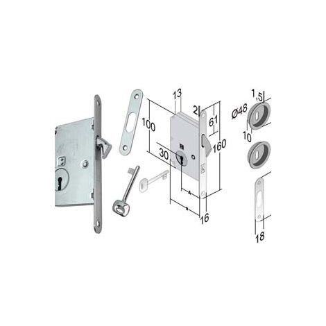 SERRATURA PORTE SCORREVOLI A GANCIO CHIAVE PATENT B. TONDO CR. SAT.- - mm.50 frontale e incontro cromo satinato -  BONAITI