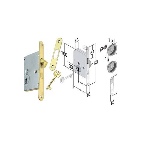 SERRATURA PORTE SCORREVOLI A GANCIO CHIAVE PATENT B. TONDO OTT. LUC.- - mm.50 frontale e incontro ottone lucido -  BONAITI
