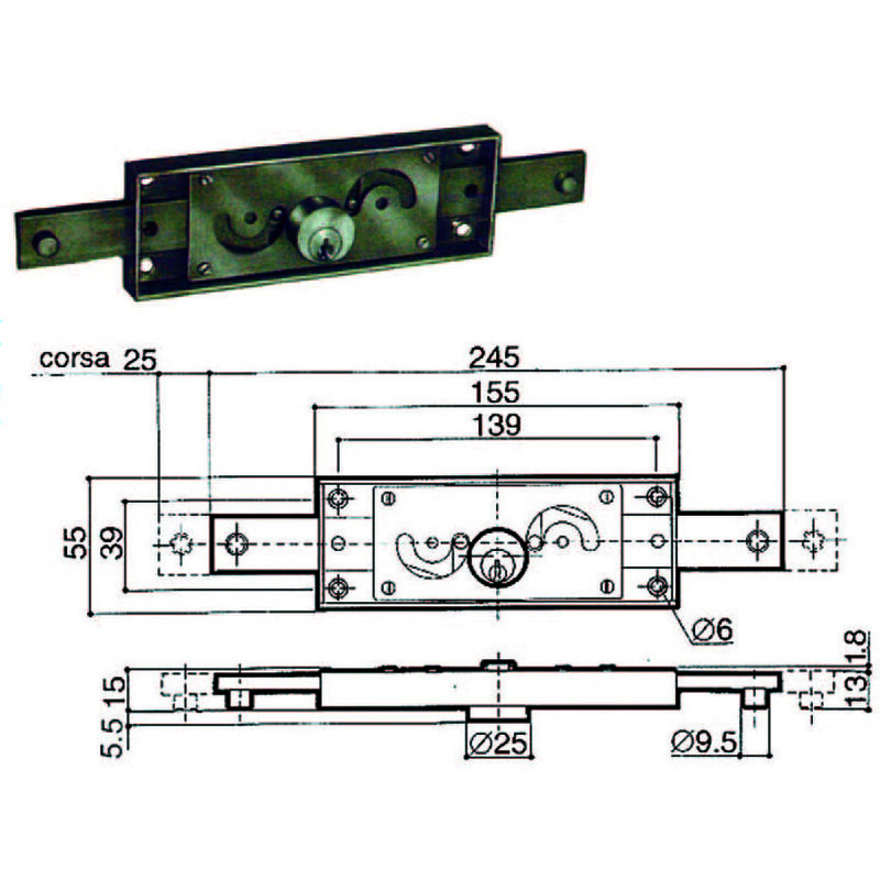 Image of Prefer - serratura serranda applicare A211 c.tondo fisso centrale c.dritto