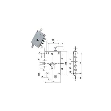 SERRATURA TRIPLICE APPLICARE CON SCROCCO CIL. EUR. BLINDATE 50137  mm.63, interasse catenacci mm.37    CIPIERRE