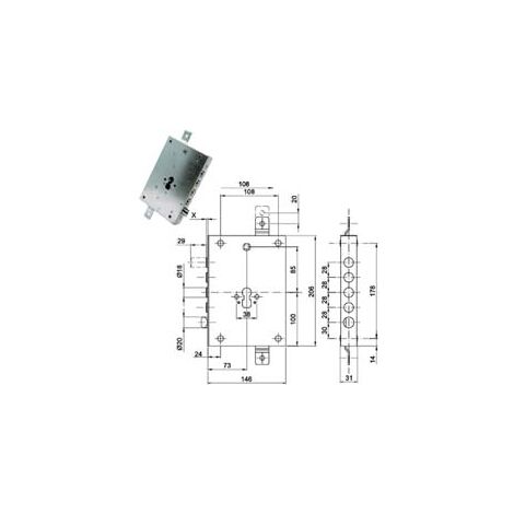 SERRATURA TRIPLICE APPLICARE CON SCROCCO CIL. EUR. BLINDATE 70128  mm.73, interasse catenacci mm.28    CIPIERRE