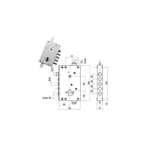 SERRATURA TRIPLICE APPLICARE CON SCROCCO CIL. EUR. BLINDATE CS128  mm.64, interasse catenacci mm.28    CIPIERRE
