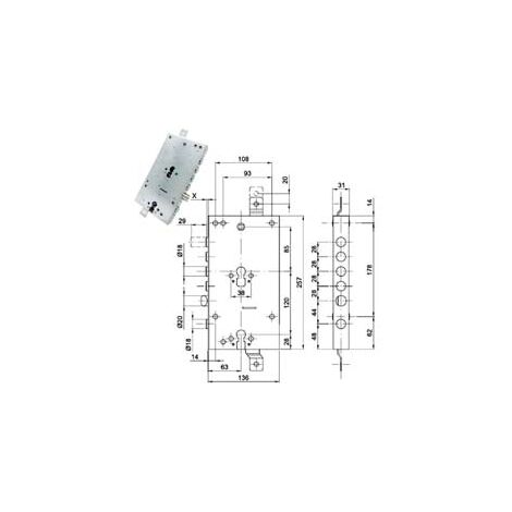 SERRATURA TRIPLICE APPLICARE SCROCCO DOPPIO CIL. EU. BLINDATE 50228  mm.63, interasse catenacci mm.28    CIPIERRE