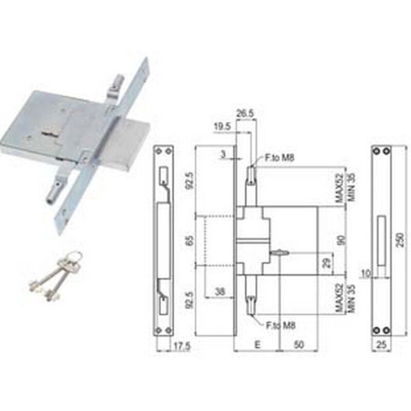 Image of Serratura triplice da infilare doppia mappa attacco aste M8 450/3M8S - MM.70 (00450 3M 70 2C ci)