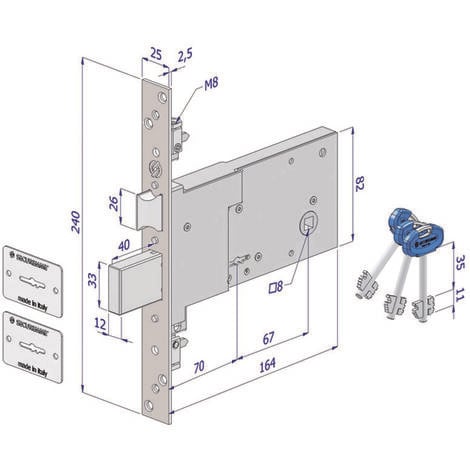 SERRATURA CISA AD INFILARE DOPPIA MAPPA 63 mm E70 mm PER FASCE LATERALI