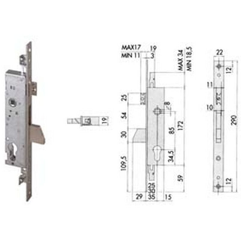 Image of Serratura triplice da infilare per montanti con quadro e scrocco 46225 - MM.25 (46225250)