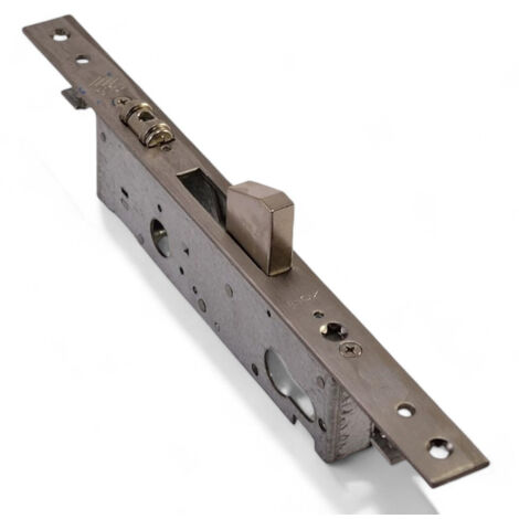 Serratura triplice da infilare per montanti con scrocco regolabile in ottone e catenaccio basculante in acciaio inox - 3 cm