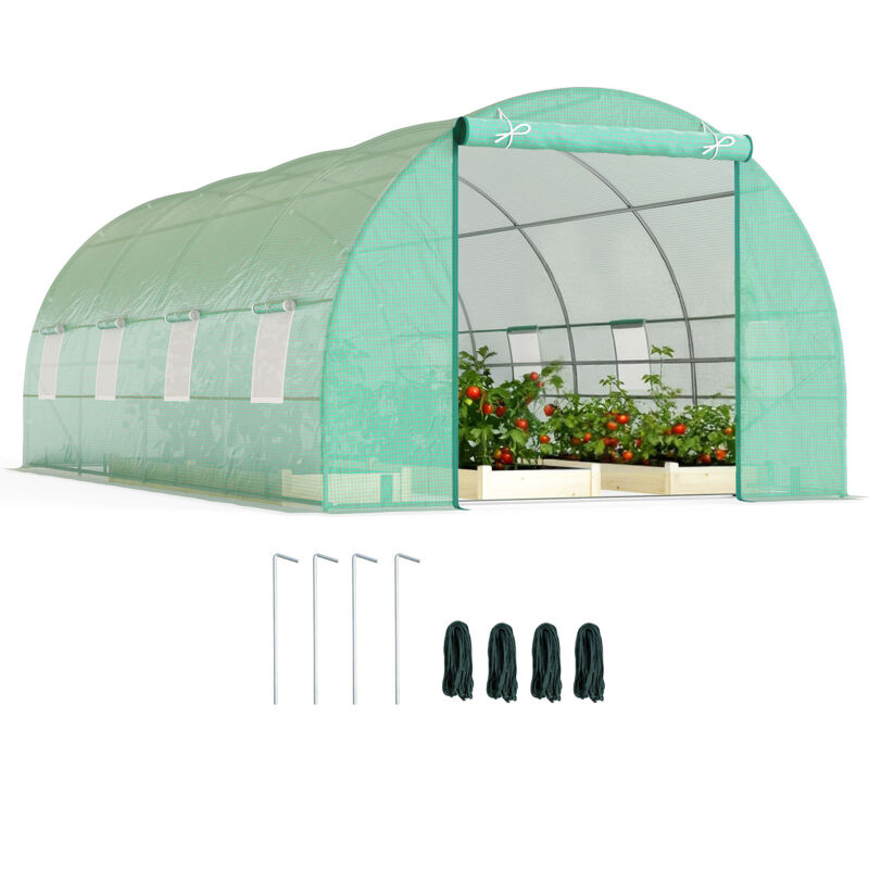 Serre de jardin tunnel - Outsunny - châssis tubulaire acier galvanisé renforcé 2,5 cm - 8 fenêtres et 1 porte - vert