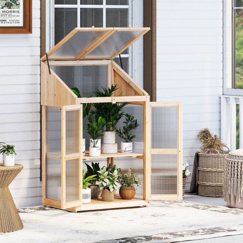 Serre à Cadre en Bois Jardinière Surélevée avec Protection D'étagère et Toit Rabattable Transparent Porte Verrouillable Étagères Amovibles Naturel