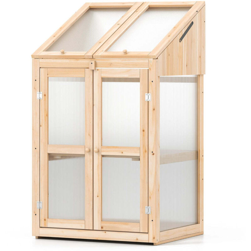 Serre à cadre en bois pour jardin 69 x 58 x 121 cm avec toit ouvrant et étagères amovibles en bois naturel