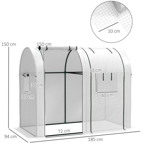 Serre à tomates 1,8m² blanche 135g/m² PE, 2 portes zippées 4 fenêtres enroulables