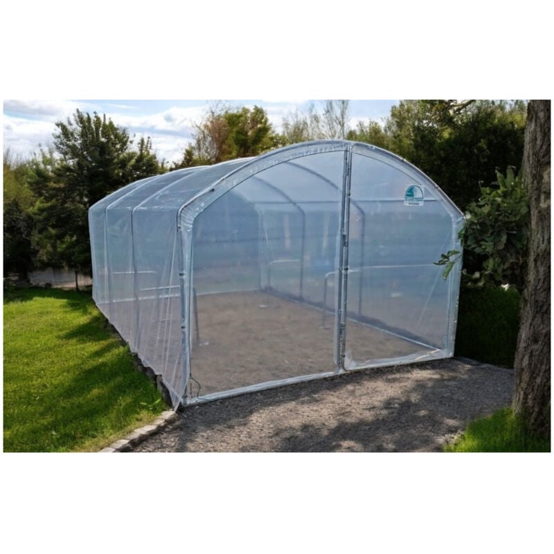 Serre tunnel de jardin 18m² dim. 6L x 3l x 2,17H m 2 portes pivotantes pieds droits bâche pe 200µ haute densité transparente structure tubes acier