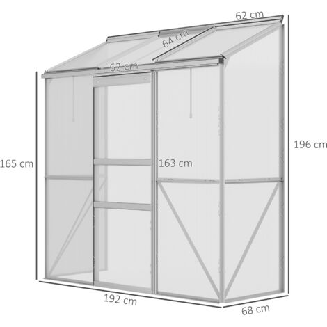 Serre adossée, porte coulissante, fenêtre de toit, polycarbonate + aluminium, couleur : argent, 192 x 68 x 196 cm
