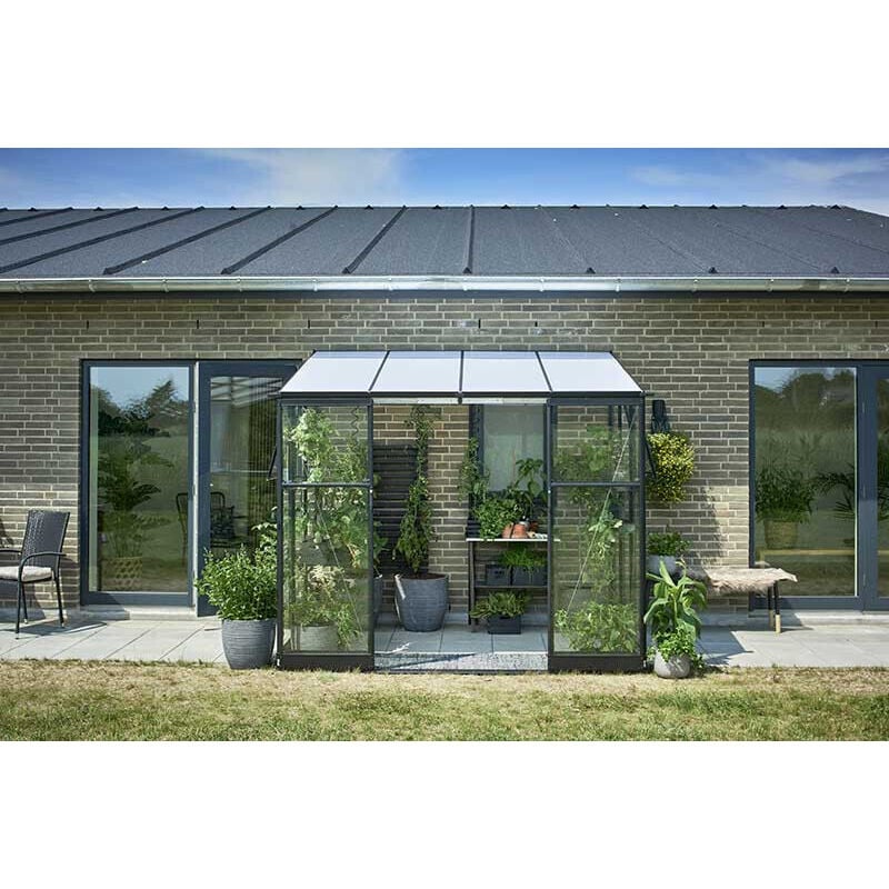 Halls - Serre adossée verre trempé et polycarbonate Qube Lean-to avec base 4.70m², Couleur Noir, Descentes de gouttières Non