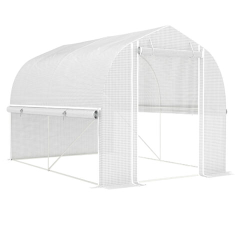 Serre aluminium 3 x 2 x 2 m 4 fenêtres porte murs latéraux roulables cadre acier galvanisé résistant UV blanche.