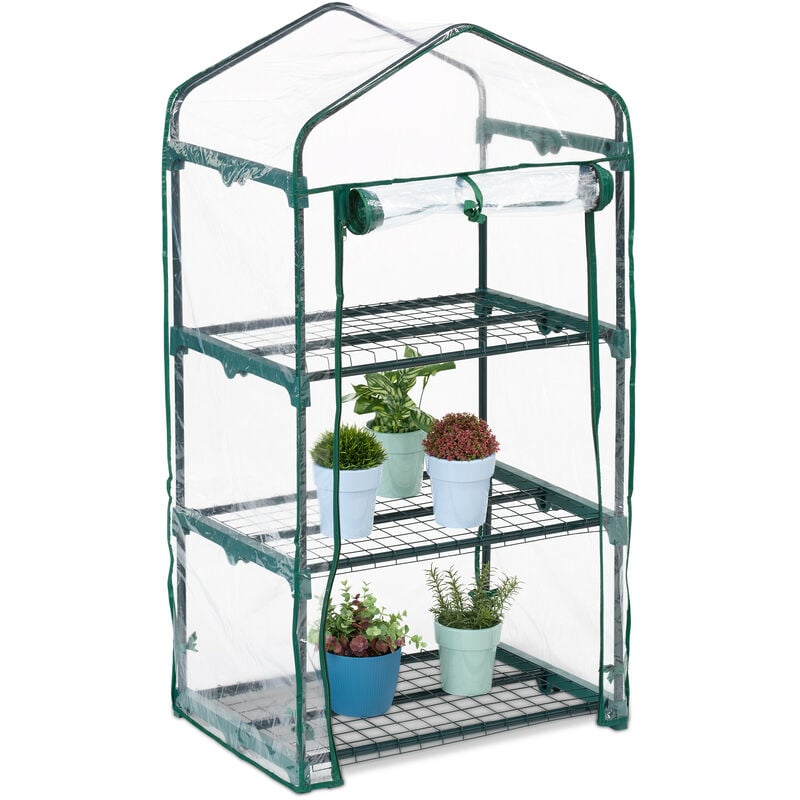 Relaxdays Serre de balcon, acier, bâche en PVC, 3 étagères, H x L x P : 122 x 64 x 45 cm, vert et transparent