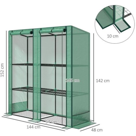 Serre balcon verte 144x48x152cm, 3 étagères métal PE toit incliné pour plantes