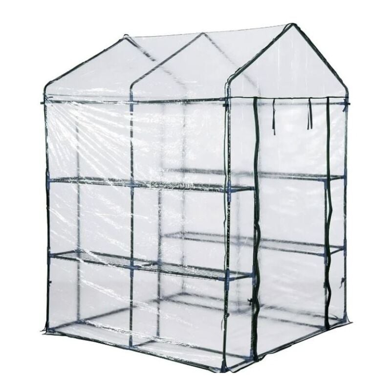 Serre de jardin 4 étagères 143 x 143 x H195cm Bache serre pvc Cadre Acier Legumes plantes Fleurs brixo