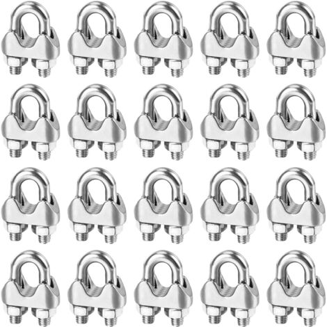 Serre Cable Acier M6 Serre-Câbles Métallique,U Boulon Clip de Câble Métalliques,20 Pièces Serre Cable Inox 6mm,Argent Serre-Câble Rotatif Fixation de Selle pour Clôtures de Jardin,Corde à Linge
