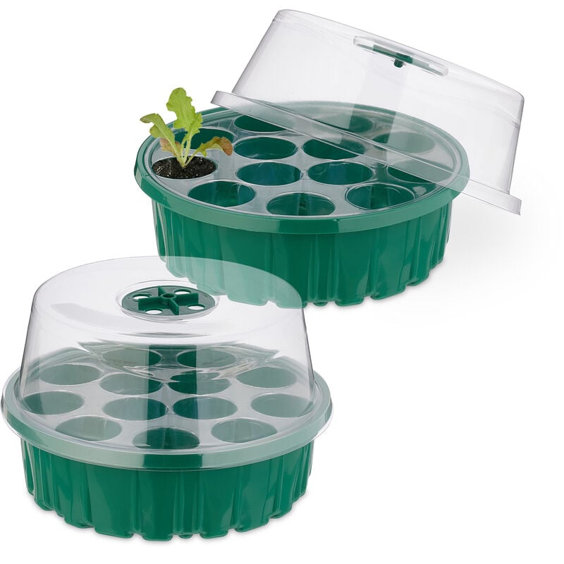 Bac à semis, lot de 2, mini serre pour rebord de fenêtre, 13 compartiments, couvercle, vert et transparent - Relaxdays