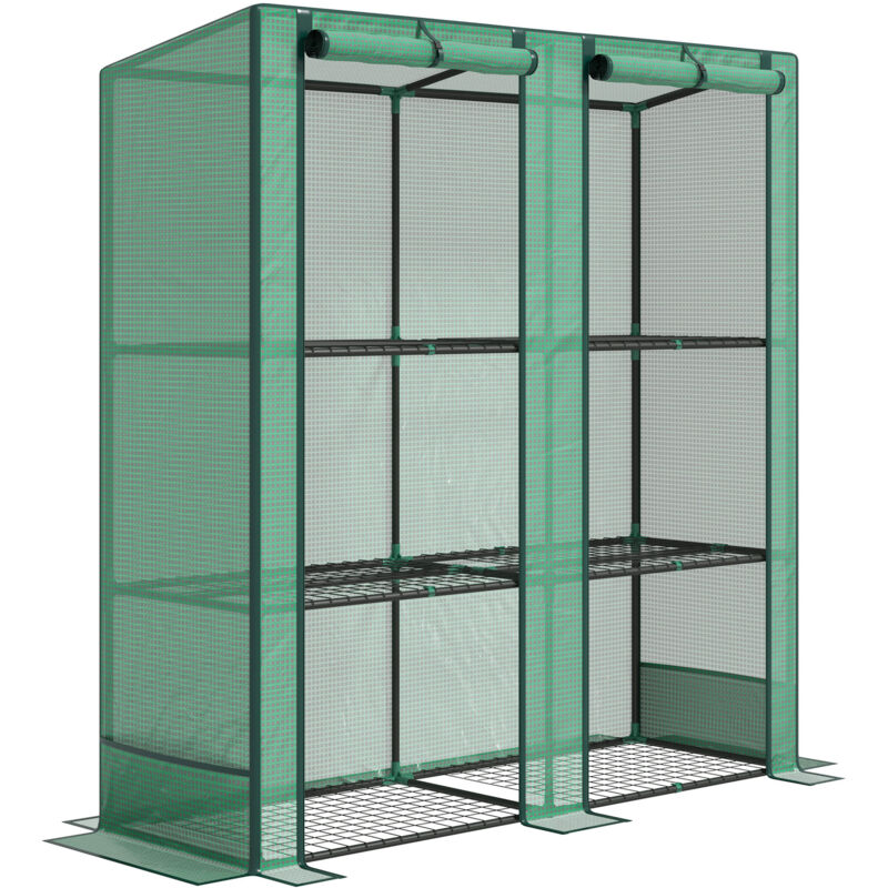MH - Serre de jardin 3 étagères 2 portes acier noir pe vert