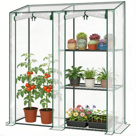 Serre de Jardin 3 Niveaux avec étagères, Petite Serre en PVC et Acier, Portes Coulissantes, Transparente