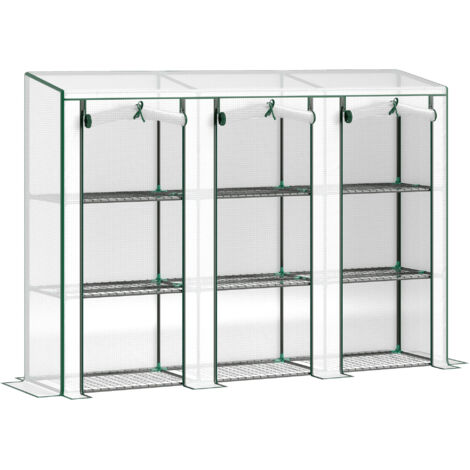 Serre de Jardin 3 Niveaux avec Étagères, Serre de Balcon 3 Portes Zippées Enroulables, 215 x 46 x 151 cm, Blanc