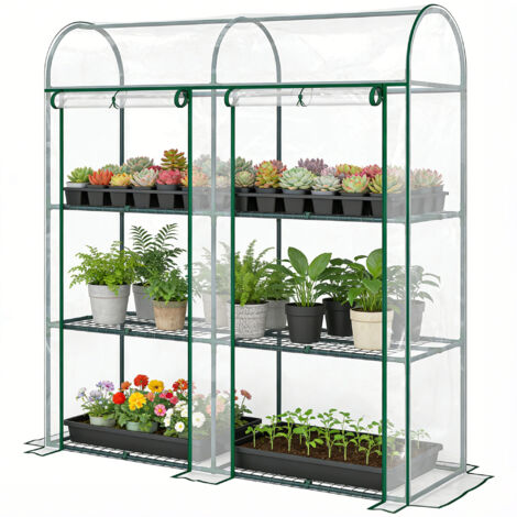 Serre de jardin 3 niveaux, petite serre en bâche PVC et châssis acier, 2 portes coulissantes, transparente