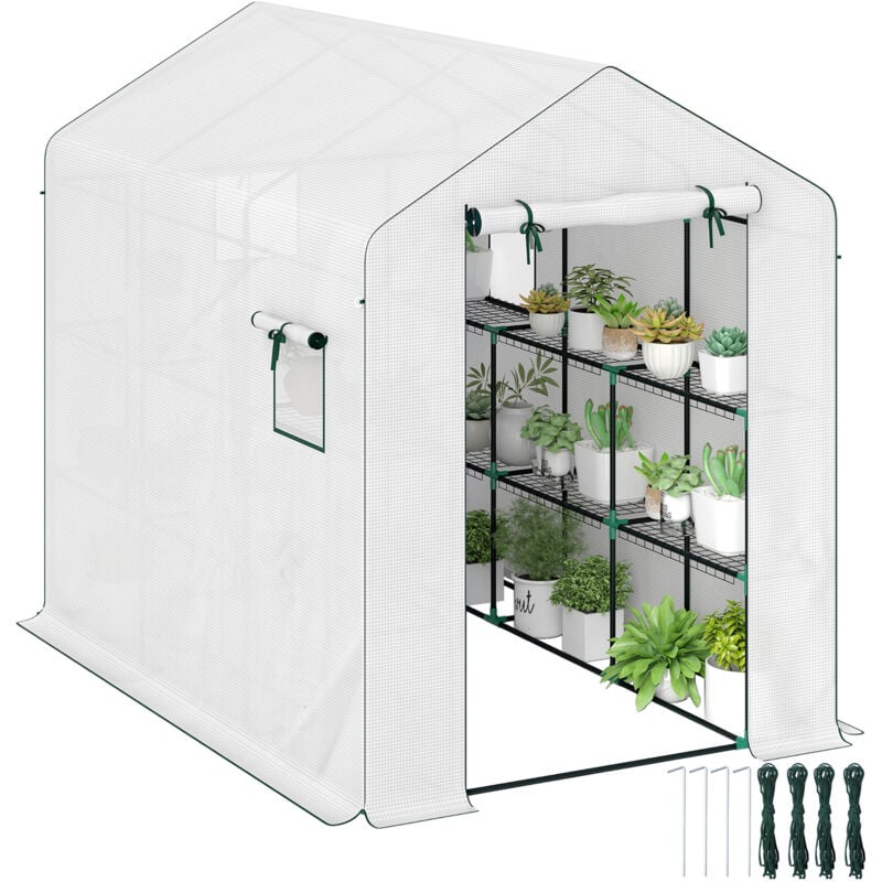 Serre de jardin 4 étagères - porte enroulable zippée, 2 fenêtres - 143 x 215 x 190 cm - acier vert pe blanc