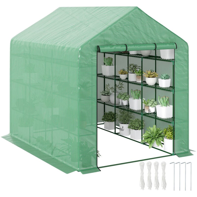 Serre de jardin 6 étagères dim. 244L x 180l x 210H cm porte enroulable acier noir bâche pe vert