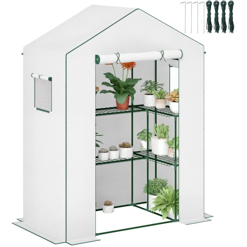 Serre de jardin 6 tablettes dim. 1,4L x 0,73l x 1,9H m porte déroulante fenêtres acier pe haute densité blanc