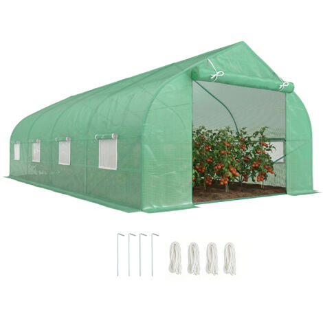 Serre de jardin 6 x 3 x 2 m, serre tunnel en film plastique avec porte à fermeture éclair roulante et 8 fenêtres en filet, poteaux de soutien inclus
