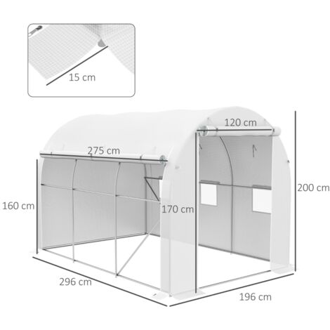 Serre de jardin 6m² blanche 3x2m, 1 porte 2 parois zippées 6 fenêtres