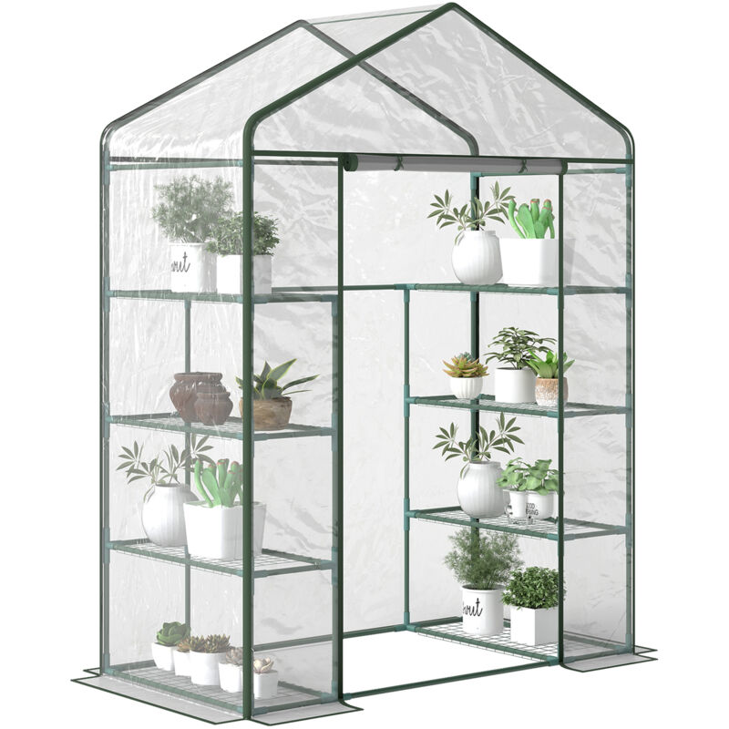 Serre de jardin 8 étagères avec bâche PVC transparente et porte à enroulement 143x73x195 cm