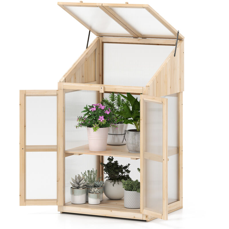 Serre de Jardin à 2 Niveaux en Sapin 121 cm, Mini Serre avec Protection d'Étagère Toit Rabattable Transparent Porte Verrouillable Étagères Amovibles