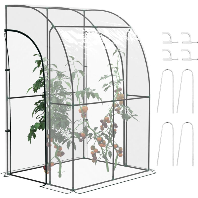 Serre de jardin adossée serre adossée dim. 1,43L x 1,18l x 2,12H m 2 portes zippées enroulables acier pvc transparent
