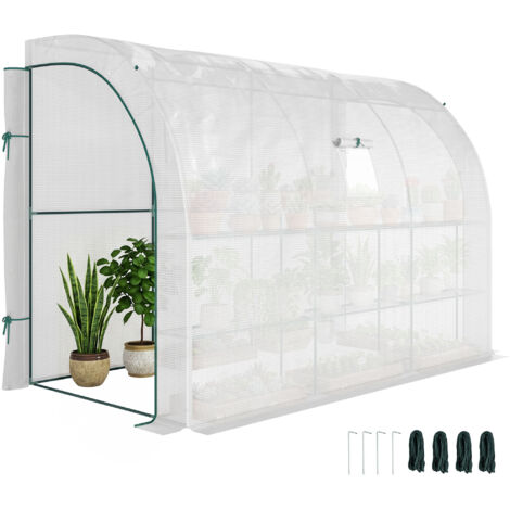 Serre de Jardin adossée avec Étagères 3 Niveaux, Petite Serre de Balcon en Bâche PE 140 g/㎡ 300 x 150 x 213 cm, blanc