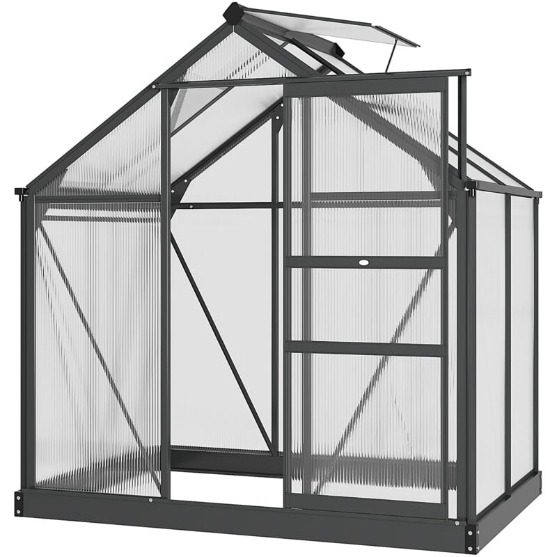 Serre de jardin aluminium polycarbonate 2,51 m² dim. 1,9L x 1,32l x 2,01H m lucarne, porte coulissante + fondation incluse alu. gris polycarbonate