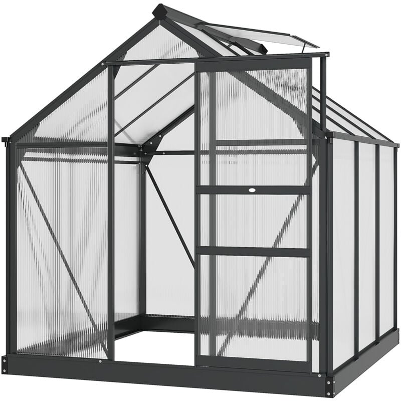 Serre de jardin aluminium polycarbonate 3,65 m² dim. 1,9L x 1,92l x 2,01H m lucarne, porte coulissante + fondation incluse alu. gris polycarbonate