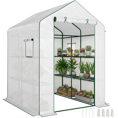 Serre de jardin avec 1 porte 2 fenêtres étagères 3 niveaux pour Légumes Plantes Fleurs Bâche PE 140 x 143 x 190 cm blanc