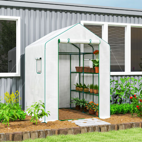 Serre de jardin avec 1 porte 2 fenêtres étagères 3 niveaux pour Légumes Plantes Fleurs Bâche PE 140 x 143 x 190 cm blanc