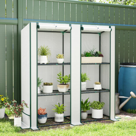 Serre de jardin avec 2 portes enroulables, étagère à 3 niveaux et poches latérales, blanche et verte