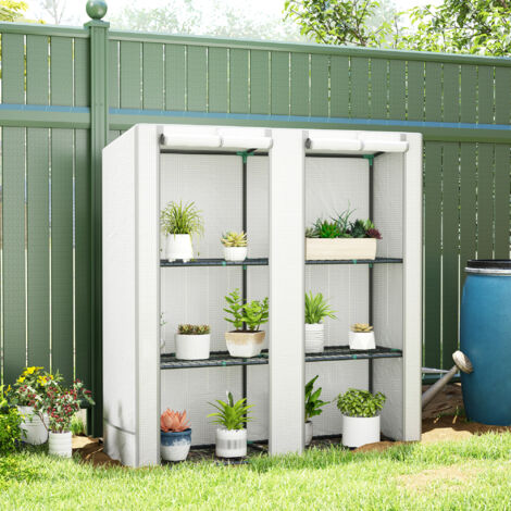Serre de jardin avec 2 portes enroulables, étagères à 3 niveaux et poches latérales. Blanc et gris.