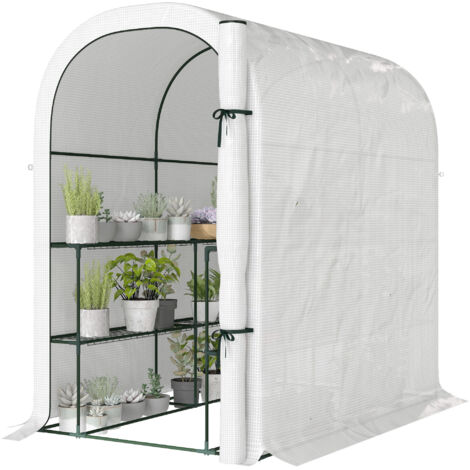 Serre de jardin avec étagères 123x187x189cm, petite serre porte enroulable, bâche PE haute densité 140g/m² blanc