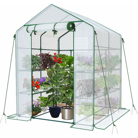 Serre de jardin avec étagères 143x143x195cm - Bâche PE renforcée 135g/m² - 3 Niveaux - Blanc