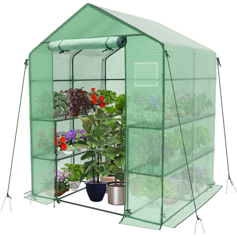 Serre de jardin avec étagères 143x143x195cm vert - bâche renforcée 135g/m² - fenêtre moustiquaire - porte enroulable zippée - Vounot